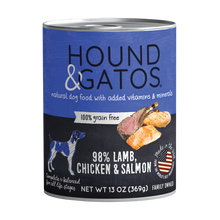 Load image into Gallery viewer, Hound &amp; Gatos 98% Lamb, Chicken &amp; Salmon Grain-Free Canned Dog Food, 13 oz - Case of 12
